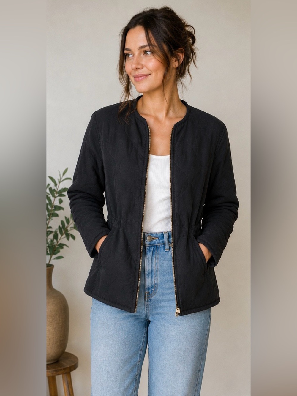 Universal Thread Quilted Cotton Jacket Black XS Zip Front Utility Lightweight